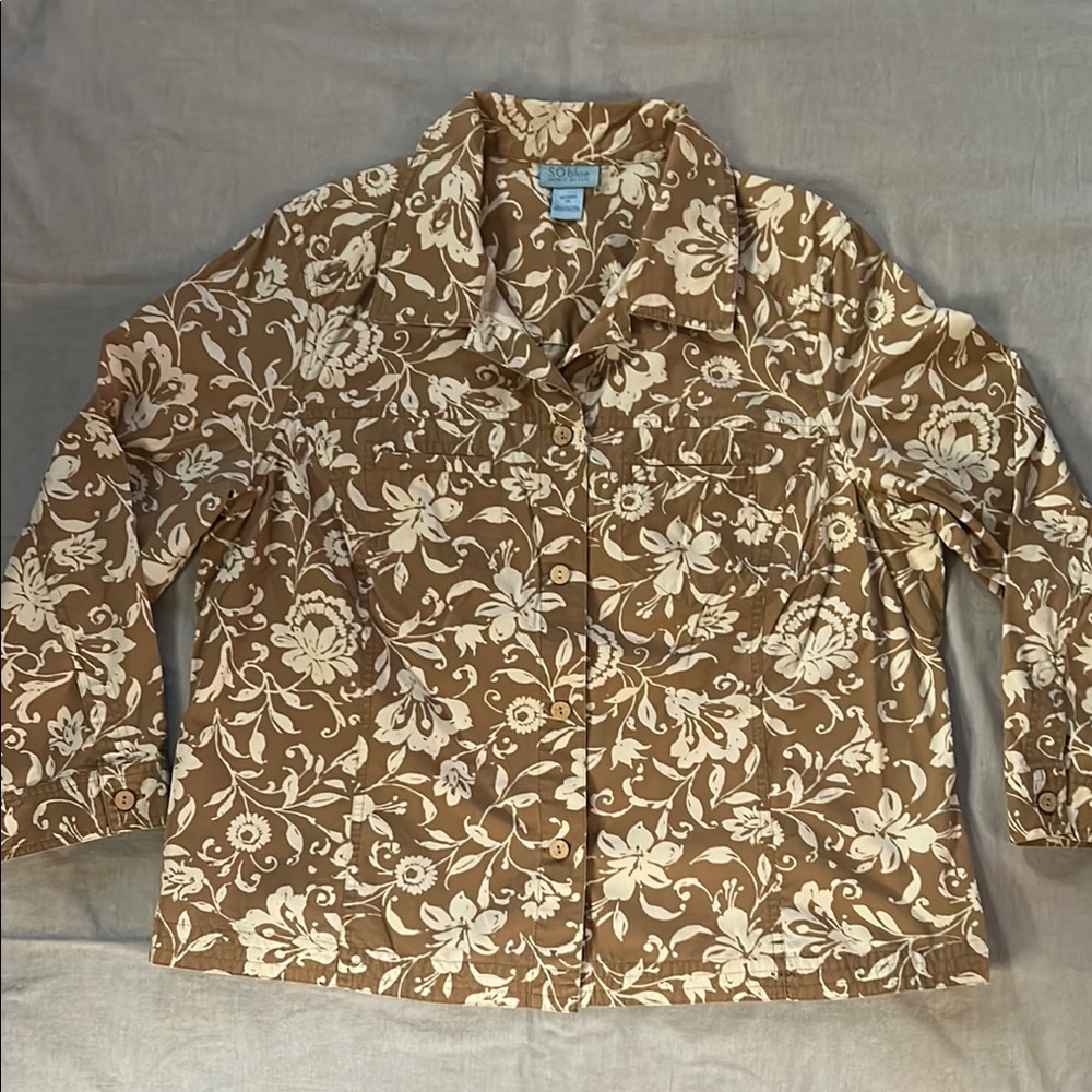 So Blue Sigrid Olsen Cream and Brown Jean Jacket with Floral Print